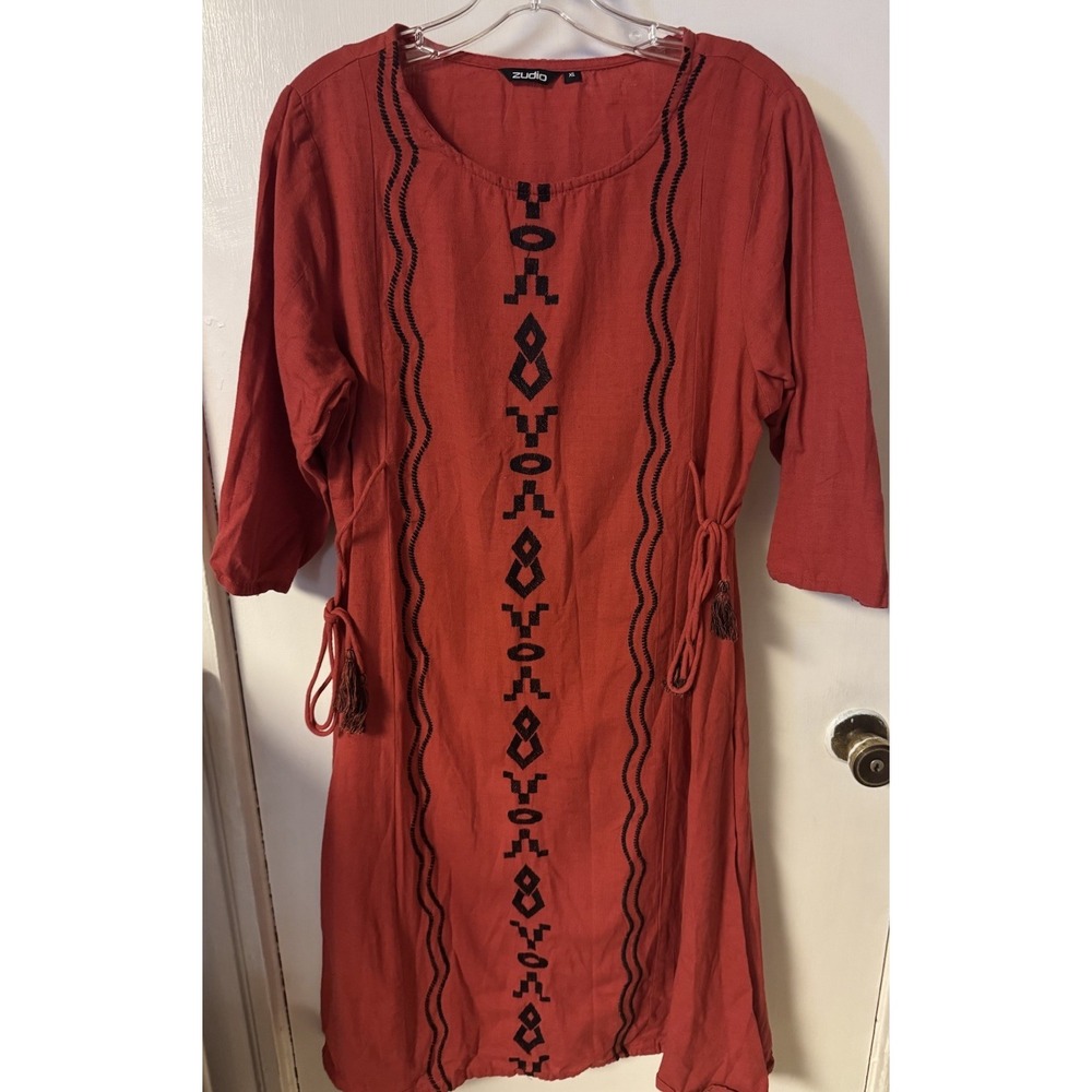 Zudio Women's Burnt Red/orange Embroidered Folk Style Dress‎